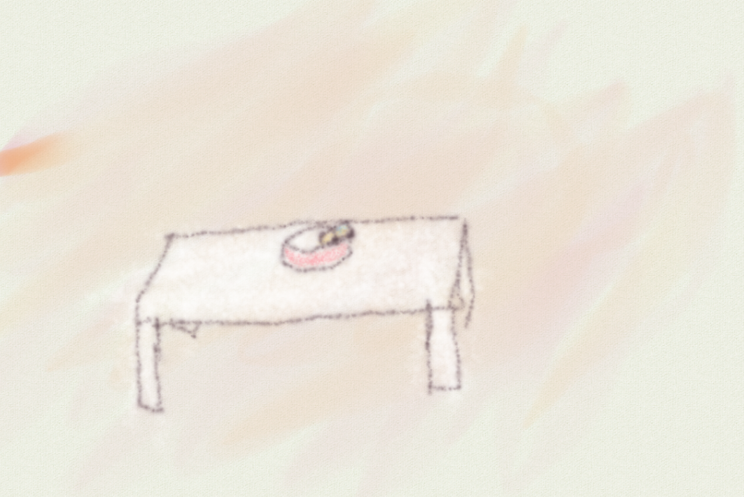 a dreamy drawing of a table with a cake on it. the cake has a school bus poking out from it.