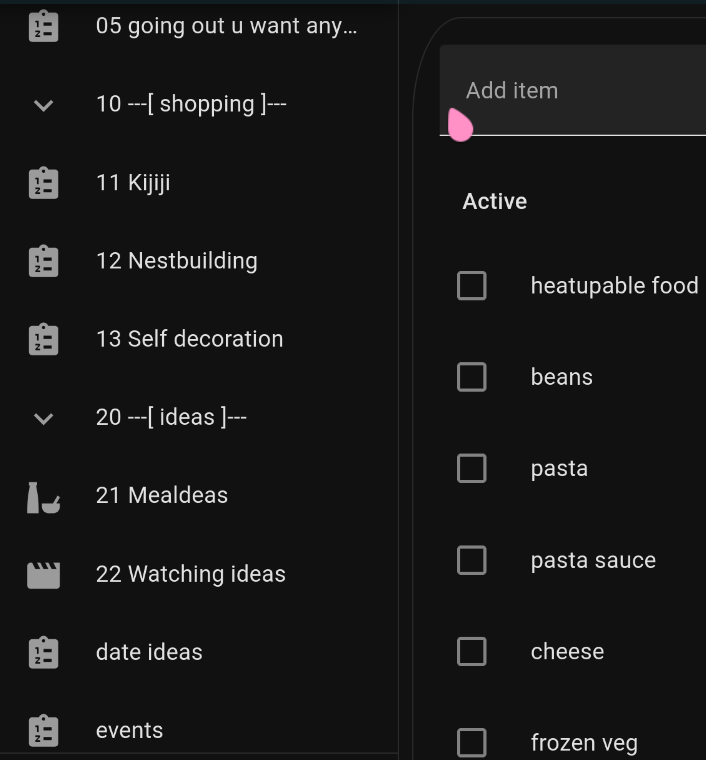 screenshots of my lists in home assistant.