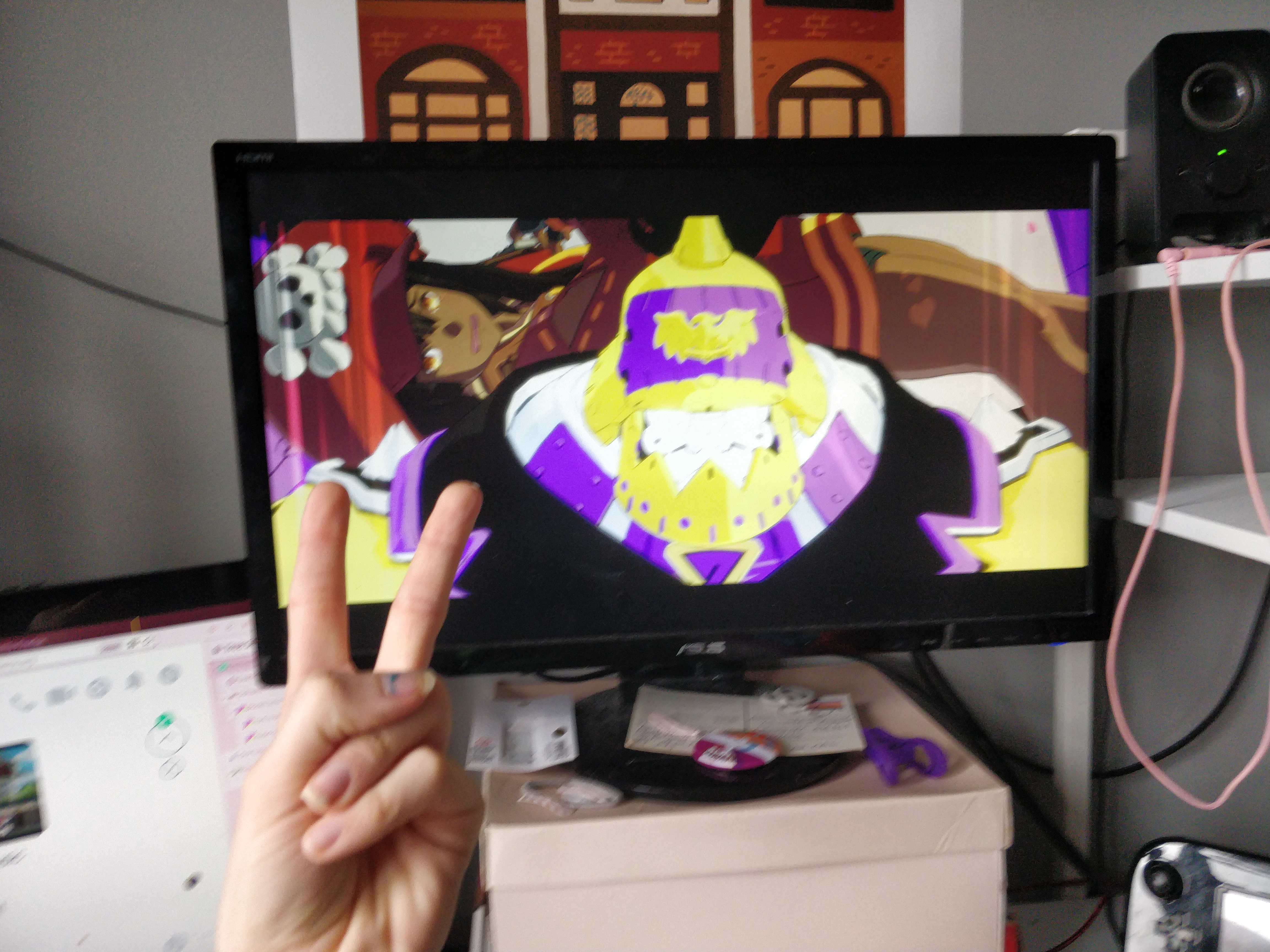 nonbinary potemkin winning a match against may in guilty gear strive using heavenly potemkin buster and me holding a peace sign.