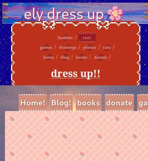 the styles of my nav on dress up and inspiration images. One uses wax stamps on the main content, and the other is styled like tabs to a notebook