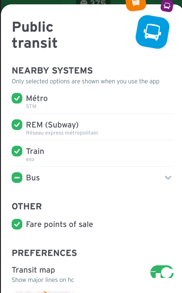 what modes to show in the transit app, with the REM listed as a subway and the metro a metro