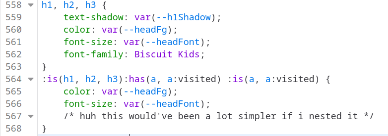 me using way too many selectors to define a specific hyperlink element, instead of nesting it in one character.