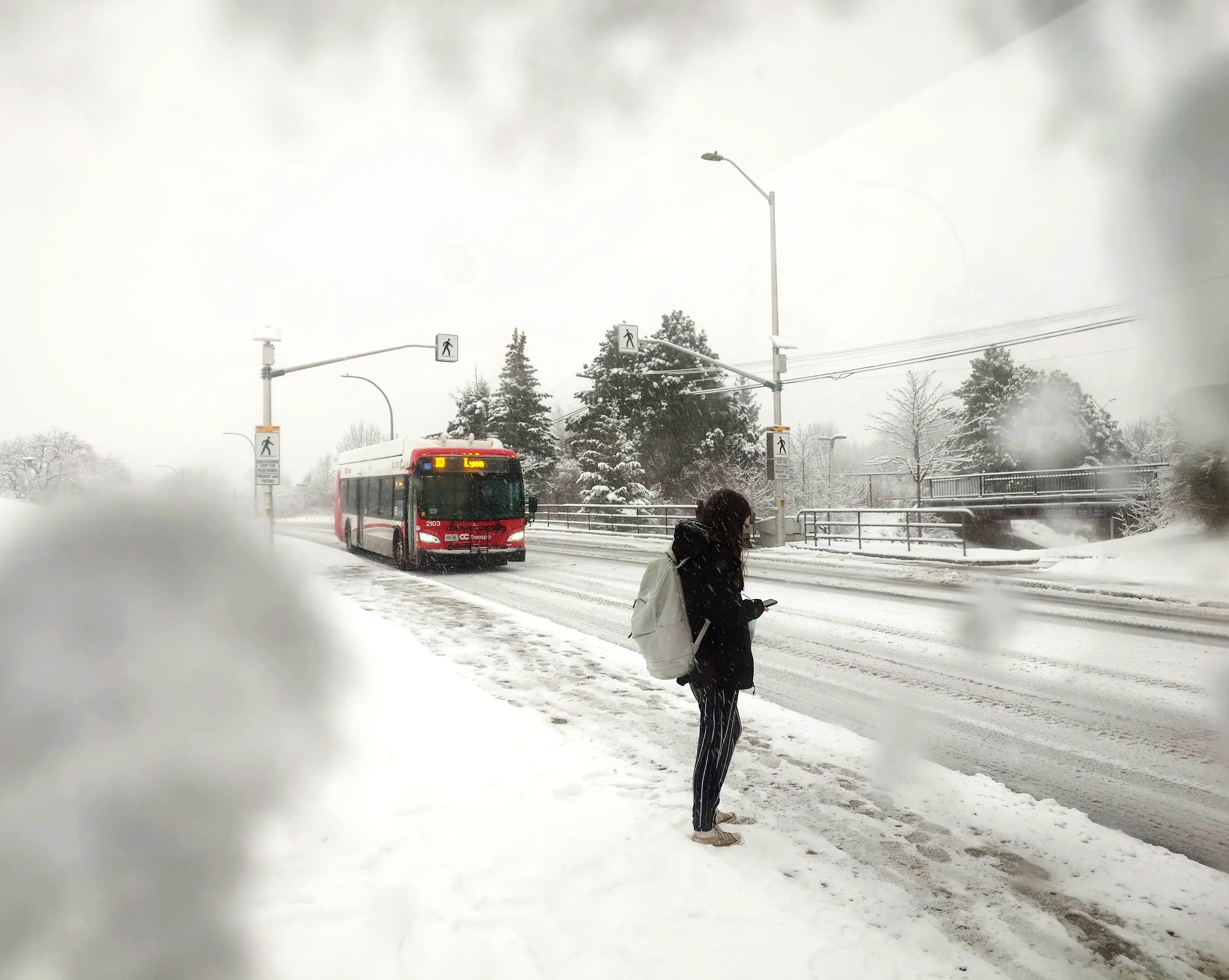 girl waiting for a bus in winter, surrounded by a vignette of snowflakes