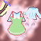 pixel art of a jumper skirt dress and blouse, surrounded by socks, another blouse, and cat ears.