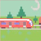 red train with aerodynamic looking face, white roof, in a field.