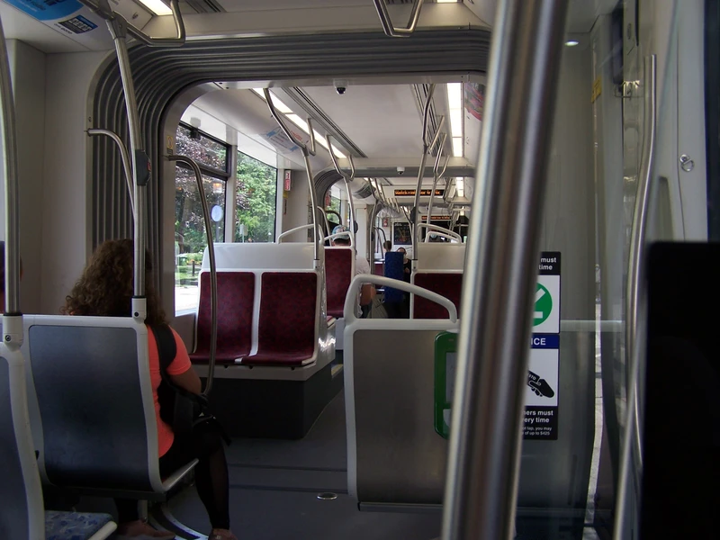interior of a tram. there is bright green foliage visible on the outside of the large windows. the seats are primarily perpendicular to the length of the tram, and the seats have red padding.